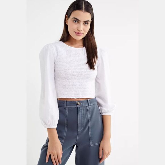 Urban Outfitters Luca Smocked Long Sleeve Top in White | Small - Picture 2 of 8